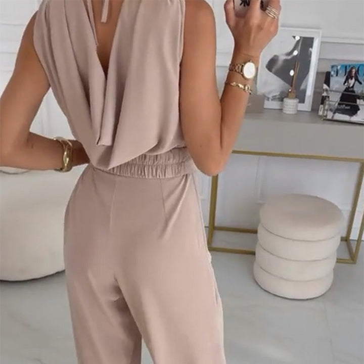 Jumpsuit donna kaki con design floreale 3D e cintura in vita, ideale per un look sofisticato da sera.