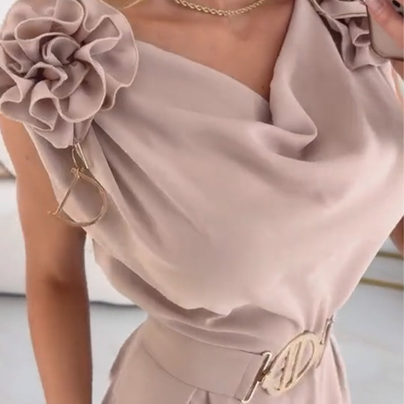 Tuta elegante da cerimonia donna kaki, con dettagli floreali 3D e cintura, gamba larga per comfort e stile.