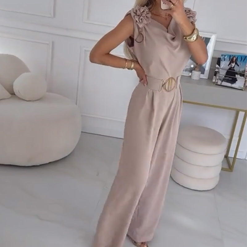 Tuta jumpsuit elegante donna color kaki con fiori 3D e cintura, ideale per eventi serali.