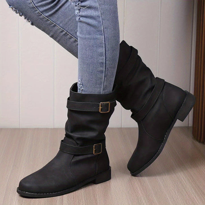 Stivaletti autunno donna eleganti con fibbia laterale, tacco basso antiscivolo. Ideali per look chic.
