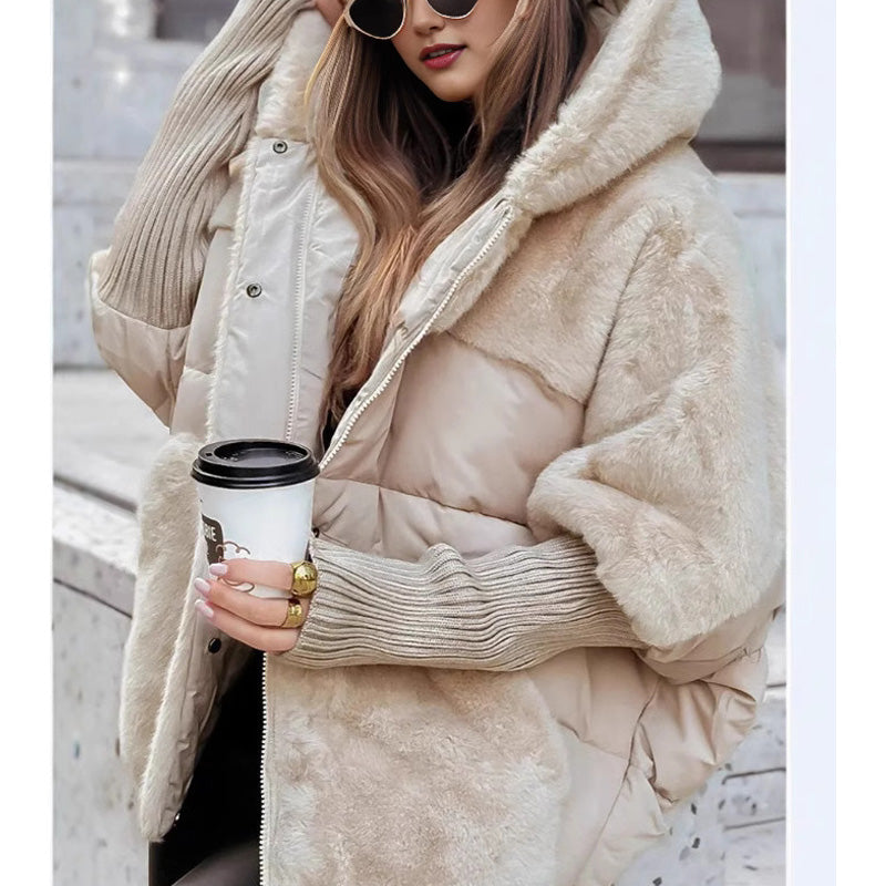 Giacca puffer invernale donna oversize patchwork con cappuccio, calda e alla moda.