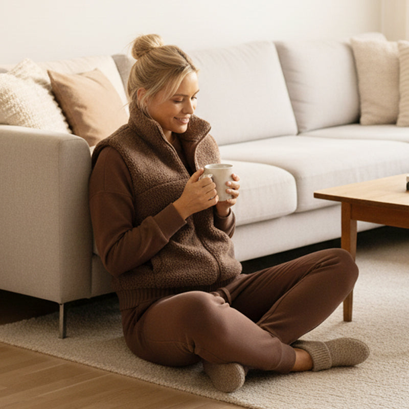 Set lounge invernale da donna con maglia a maniche lunghe, pantaloni ampi e gilet. Stile e calore.