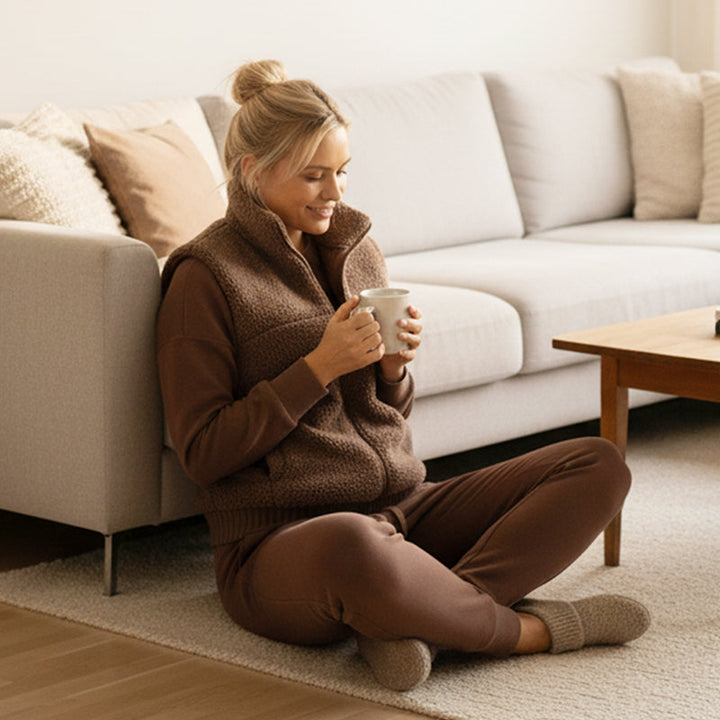 Set lounge invernale da donna con maglia a maniche lunghe, pantaloni ampi e gilet. Stile e calore.
