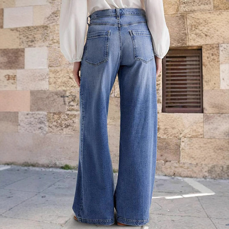 Jeans donna blu a gamba larga, vita alta, con finitura effetto vintage. Perfetto per la moda casual.