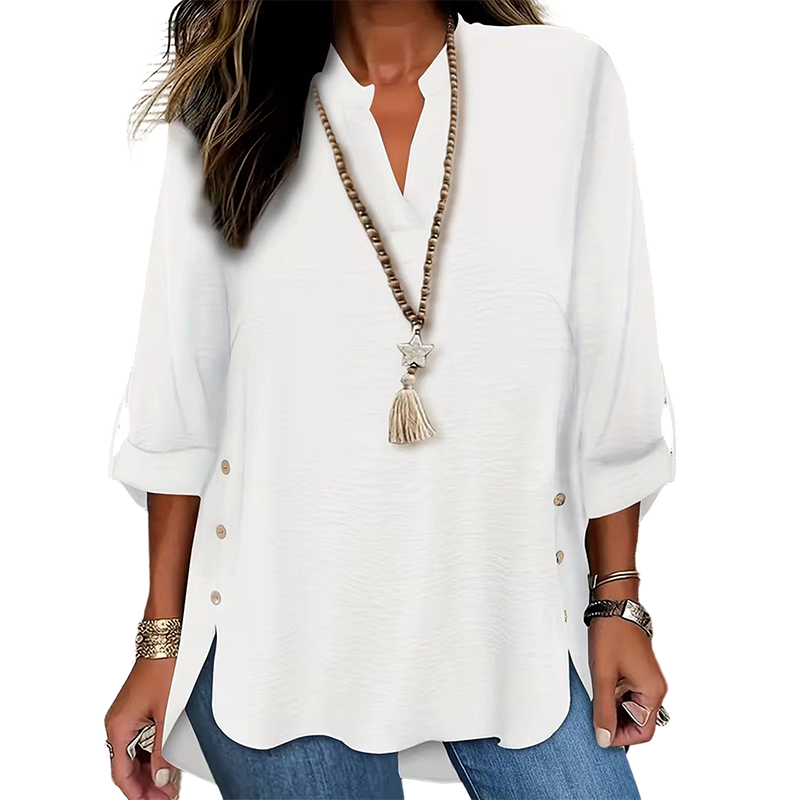 Top donna versatile con scollo a V e bottoni, ideale per look casual o chic autunnali.