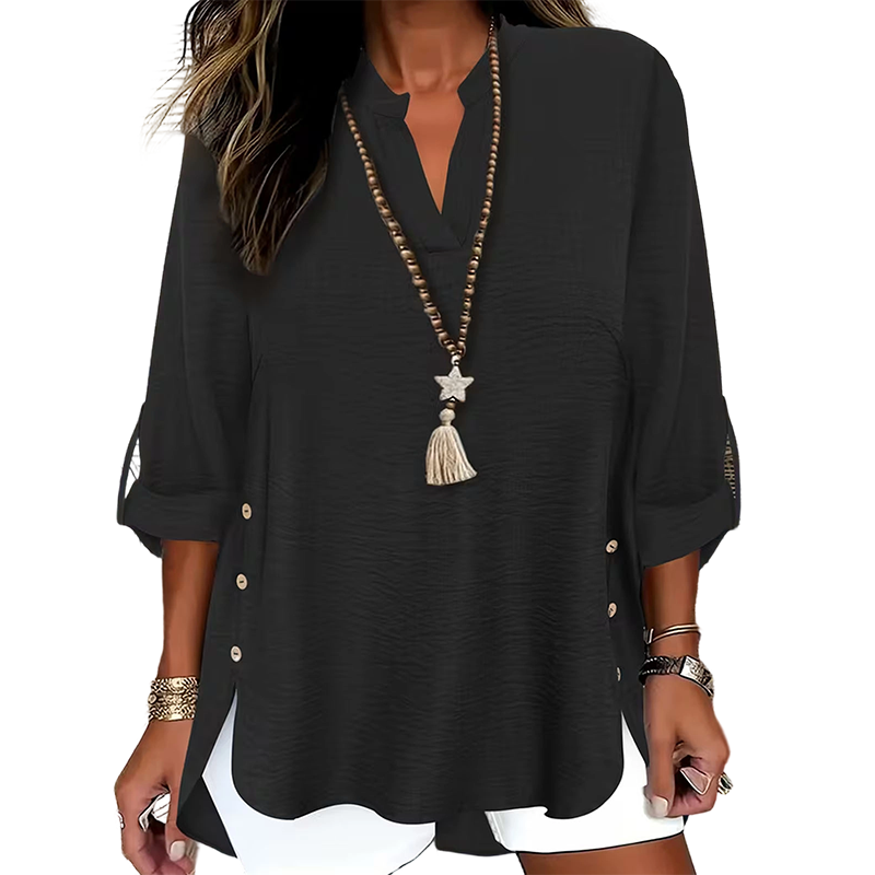 Top donna con eleganti bottoni laterali e scollo a V, un must-have per ogni guardaroba.