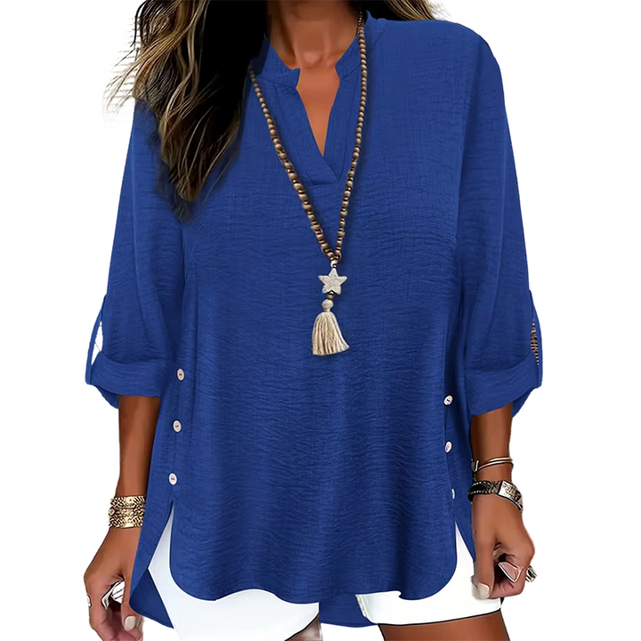 Top donna scollo a V con bottoni, comodo e alla moda per ogni occasione, casual ed elegante.