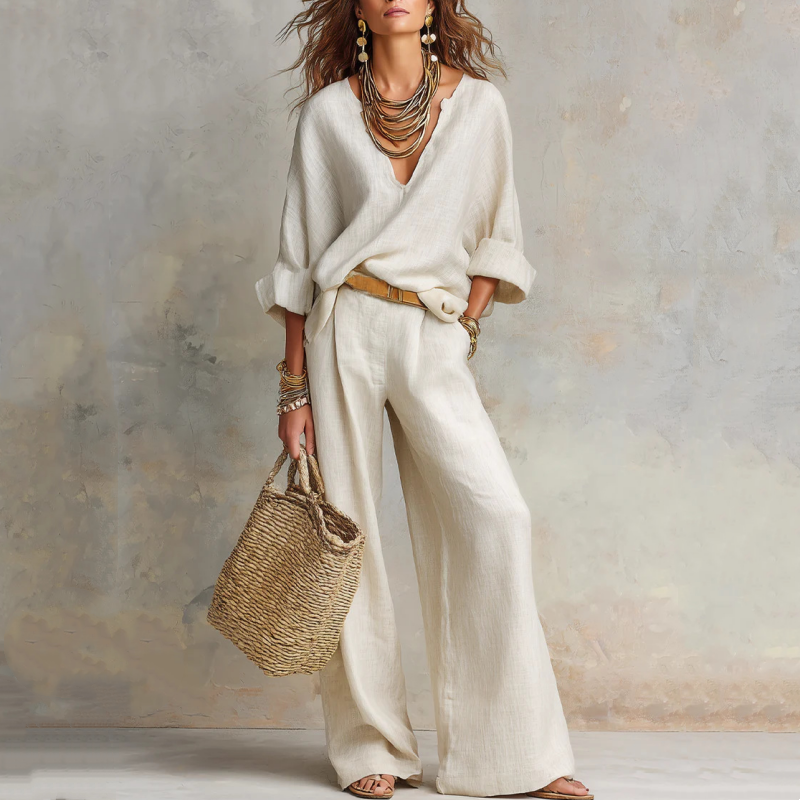 Completo donna elegante casual in effetto lino, pantaloni palazzo e top, perfetto per comfort estivo.