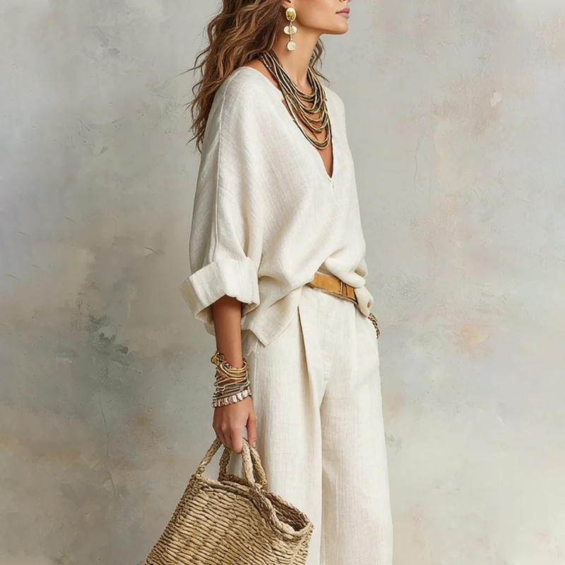 Abbigliamento estivo resort elegante: completo donna in effetto lino, ideale per vacanze e comfort.