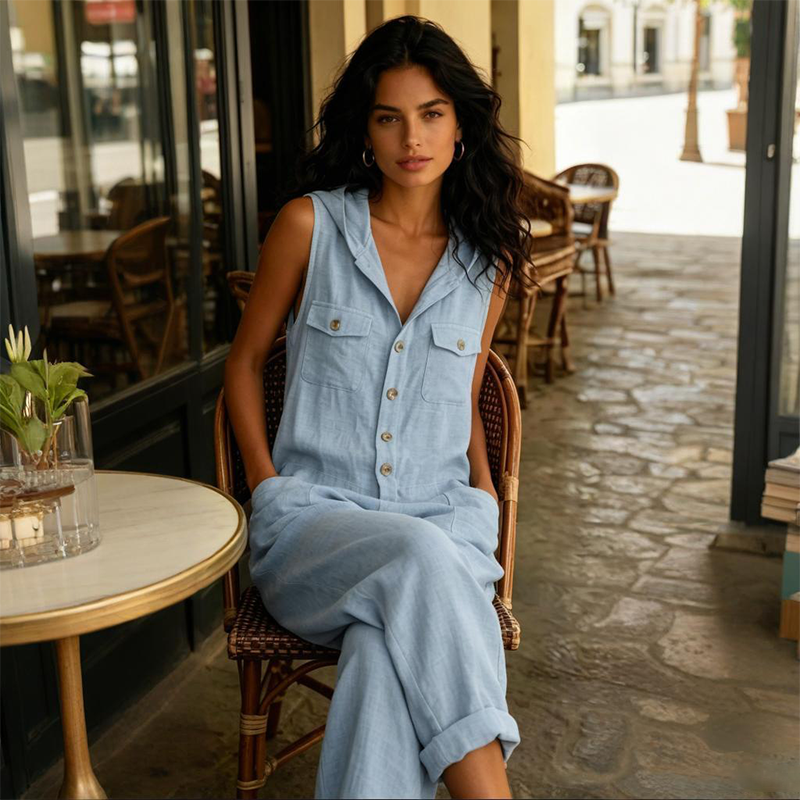 Tuta donna chic smanicata in misto lino con bottoni frontali, ideale per un abbigliamento estivo.