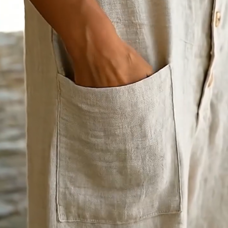 Tuta estiva smanicata da donna con bottoni, realizzata in fresco misto lino, abbigliamento casual.