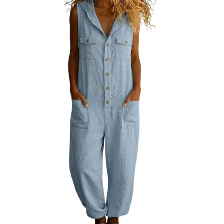 Abbigliamento donna: tuta smanicata in misto lino con bottoni, ideale per un look estivo casual e traspirante.