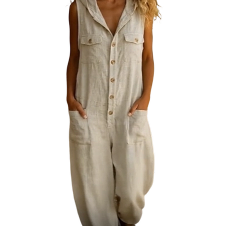 Tuta estiva chic da donna, smanicata in misto lino, dettagli bottoni frontali, per un comfort elevato.