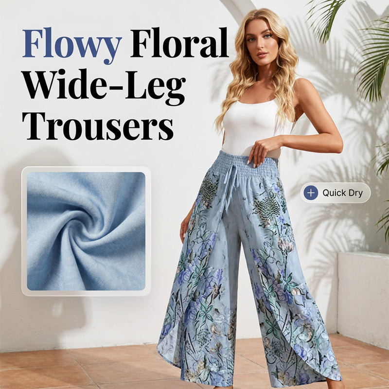 Comodi pantaloni palazzo donna a fantasia floreale con vita arricciata in spandex.