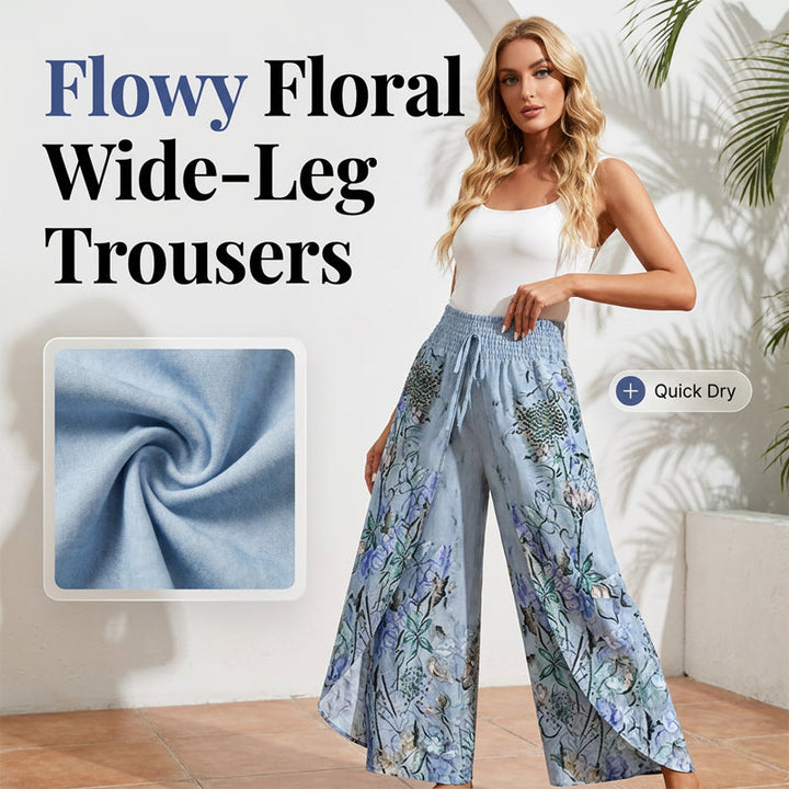 Comodi pantaloni palazzo donna a fantasia floreale con vita arricciata in spandex.