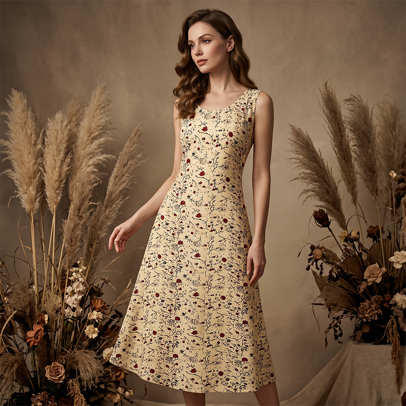 Abito estivo stampato da donna, lungo e fluido, con tasche, per un'eleganza casual in ogni occasione.