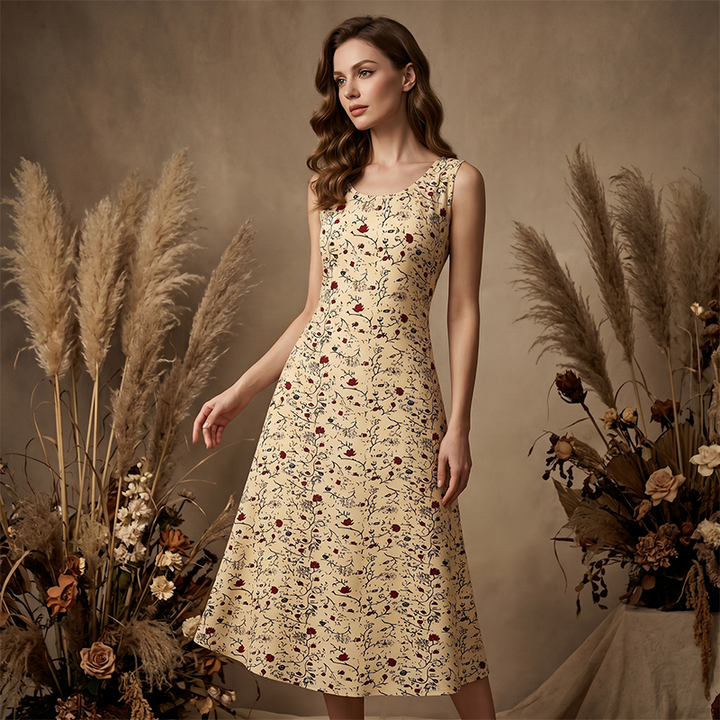Abito estivo stampato da donna, lungo e fluido, con tasche, per un'eleganza casual in ogni occasione.