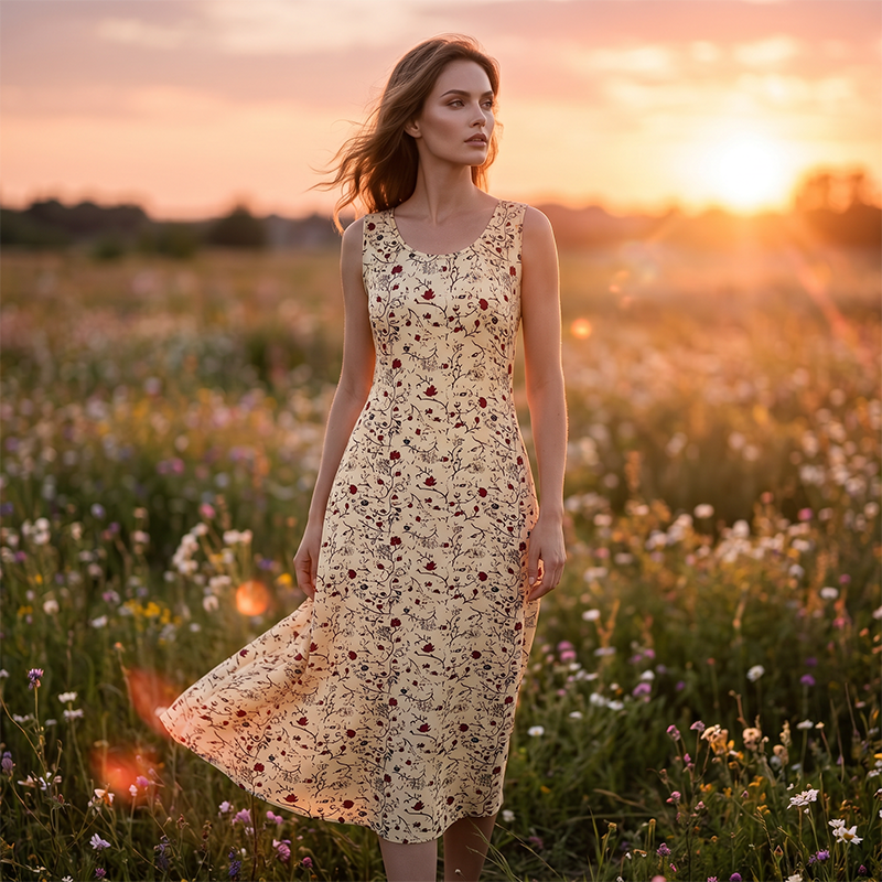 Vestito estivo lungo stampato senza maniche, adatto a donna, per un look comodo e alla moda estiva.