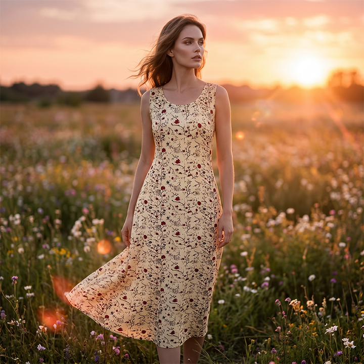 Vestito estivo lungo stampato senza maniche, adatto a donna, per un look comodo e alla moda estiva.