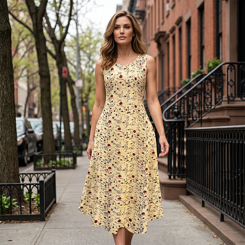Elegante abito lungo stampato estivo da donna, un must-have senza maniche per la moda estiva casual.