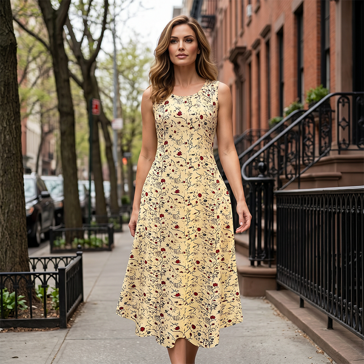 Elegante abito lungo stampato estivo da donna, un must-have senza maniche per la moda estiva casual.
