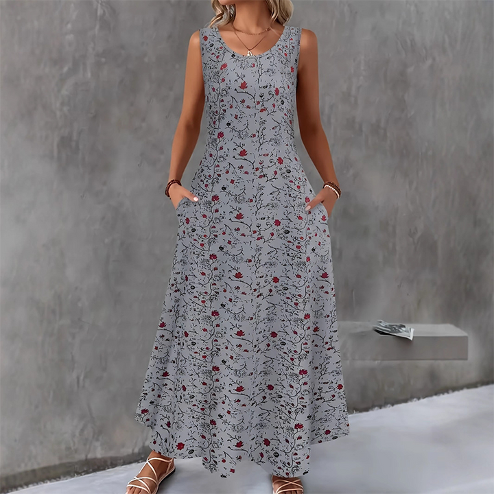 Vestito lungo estivo stampato da donna, stile casual chic senza maniche, essenziale per la stagione calda.