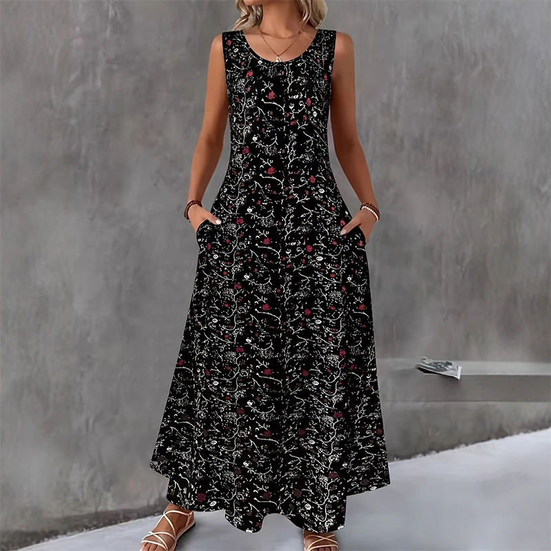 Elegante abito lungo estivo casual stampato da donna, versatile e confortevole con pratiche tasche. [[lstfy-media:4]]