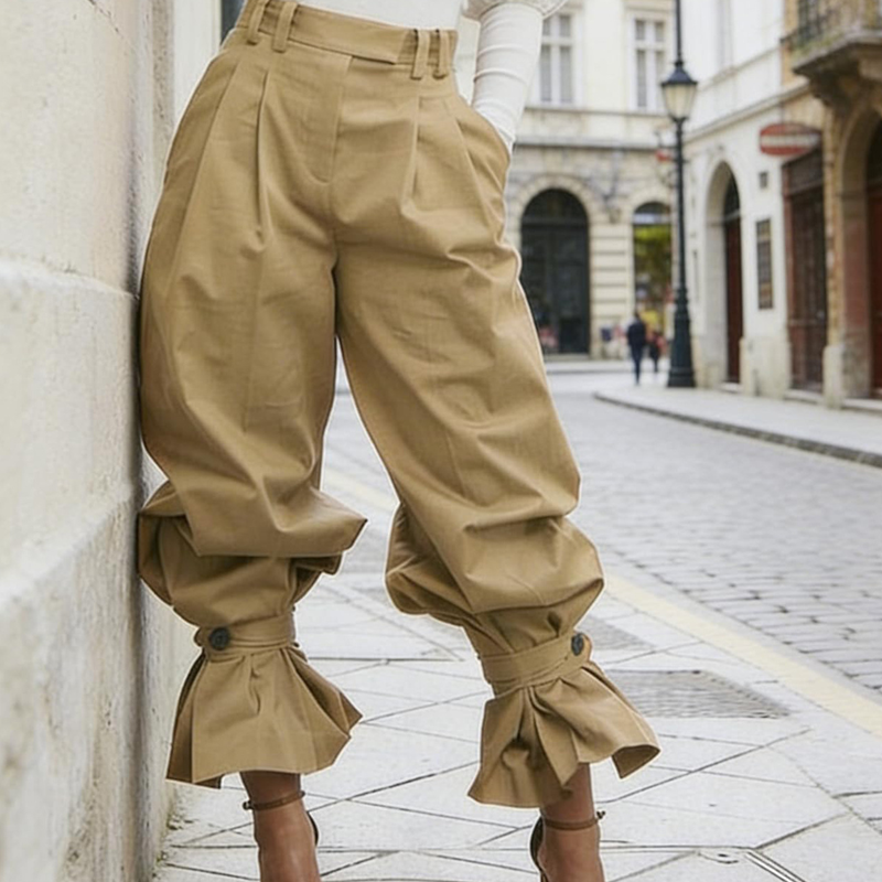 Pantaloni plissettati donna con volant alla caviglia, perfetti per un outfit elegante e confortevole.