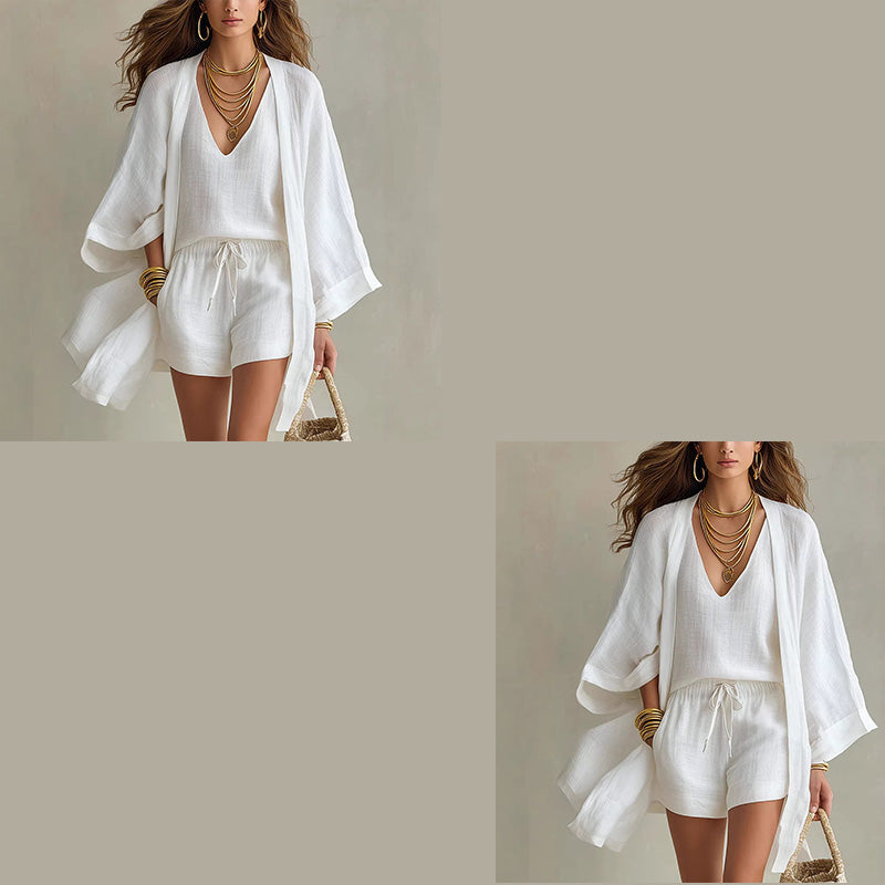 Kimono leggero, top e pantaloncini: completo estivo donna 3 pezzi per look casual e moda mare.