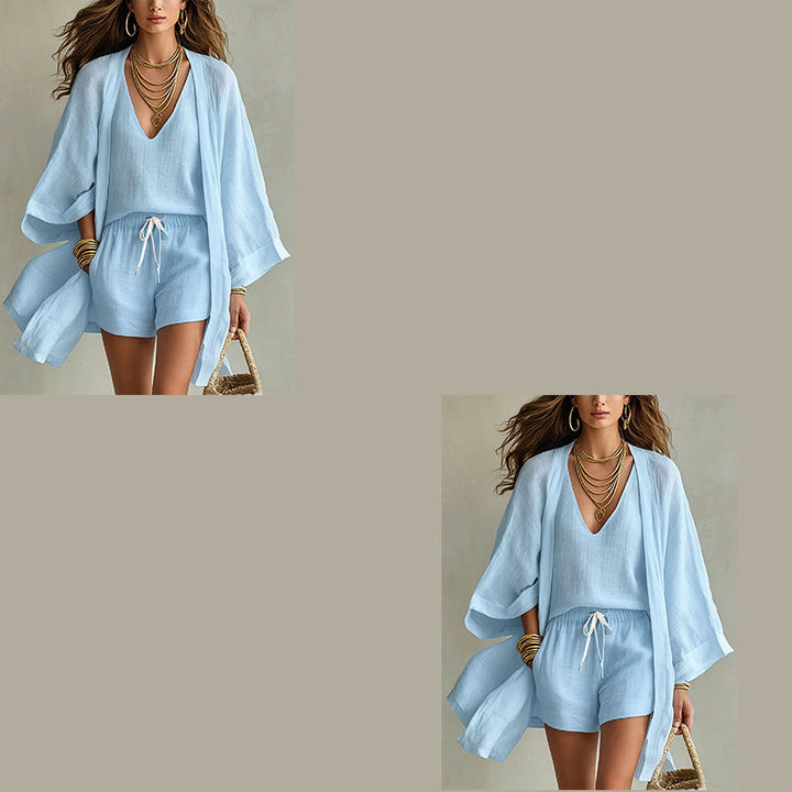 Completo donna 3 pezzi estivo leggero, confortevole per resort. Kimono, top, pantaloncini per vacanze.