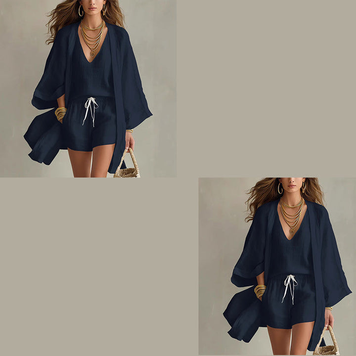 Completo donna estivo 3 pezzi versatile per vacanze, resort, moda mare. Kimono, top, pantaloncini.