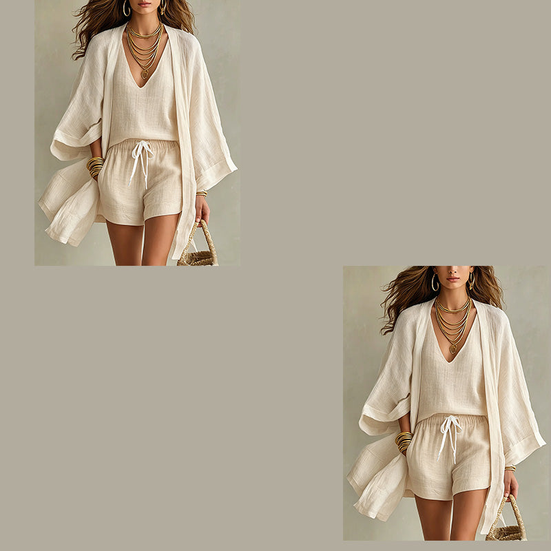 Look estivo fresco con completo donna 3 pezzi: kimono leggero, top e pantaloncini per resort.