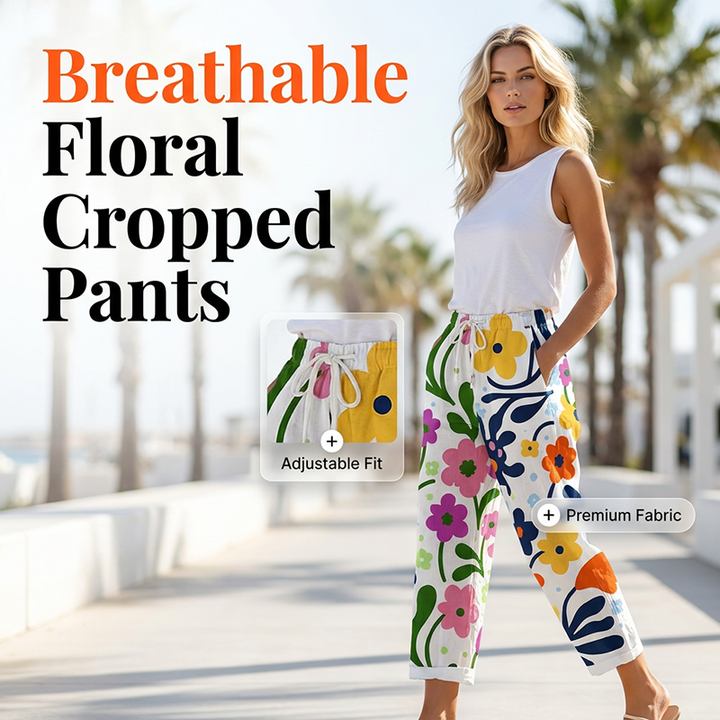 Pantaloni casual donna estivi con stampa floreale, vita regolabile, ideali per look da spiaggia.
