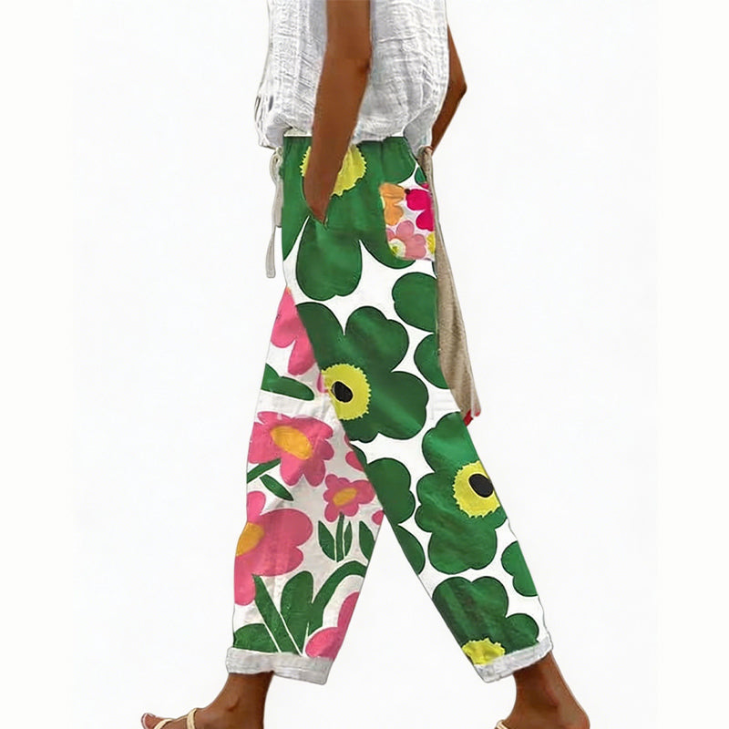 Pantaloni estivi floreali donna, ideali per vacanze, vita regolabile, un must-have casual.