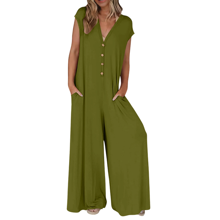 Tuta intera estiva da donna, stile elegante con gambe larghe, versatile per giorno e sera.