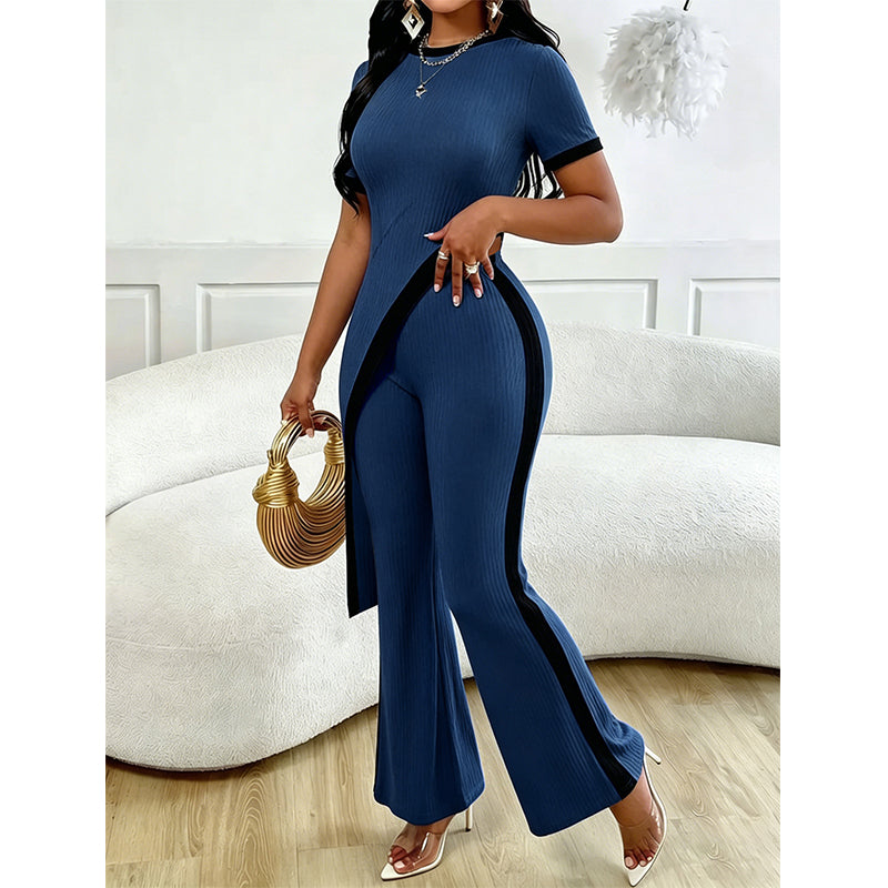 Completo donna casual chic, set con pantaloni a zampa e top asimmetrico per un look dinamico e trendy.