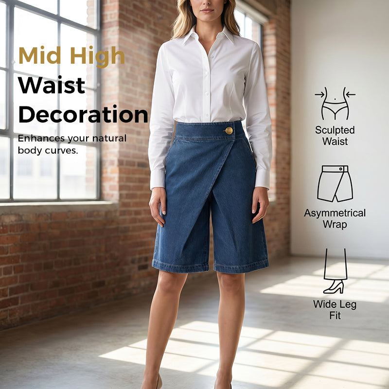 Moda casual primaverile: pantaloncini donna effetto denim a portafoglio. Shorts estivi chic, perfetti per ogni look.