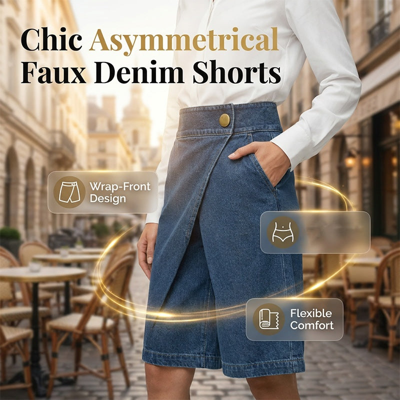 Pantaloni corti donna in effetto denim blu. Shorts estivi a portafoglio, ideali per un look chic e casual.