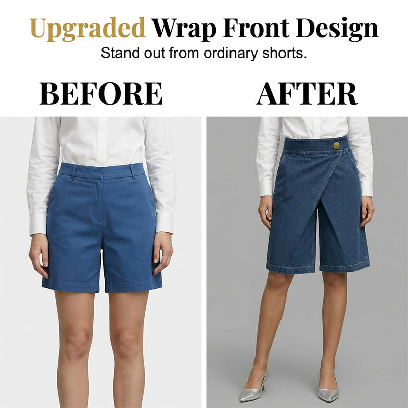Pantaloncini donna neri a portafoglio, effetto denim. Shorts chic a vita media per un look casual estivo elegante.