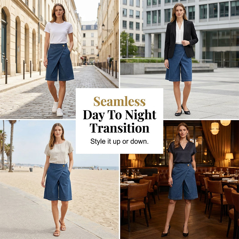 Pantaloni corti donna chic effetto denim a portafoglio. Shorts estivi blu, taglio largo e vita media per comodità.