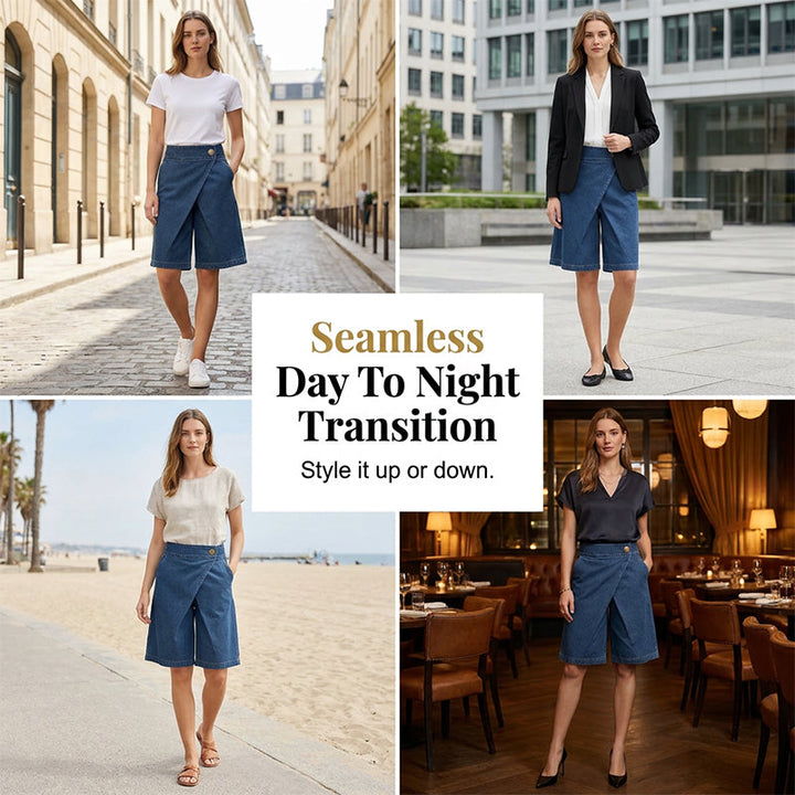 Pantaloni corti donna chic effetto denim a portafoglio. Shorts estivi blu, taglio largo e vita media per comodità.