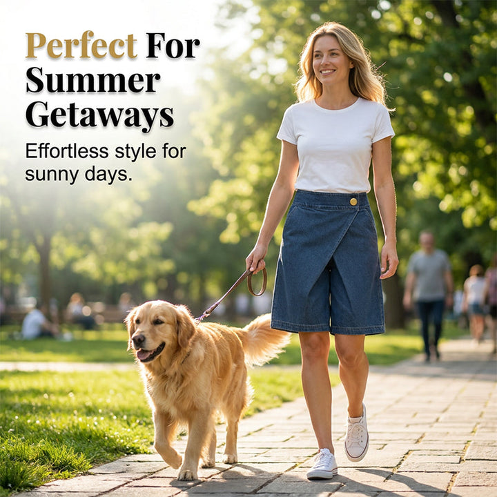 Abbigliamento primavera donna: pantaloncini effetto denim blu. Shorts a portafoglio, chic e casual per l'estate.