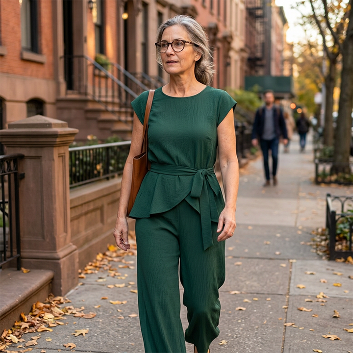 Set elegante da donna con pantaloni larghi, perfetto per l'ufficio o eventi speciali.