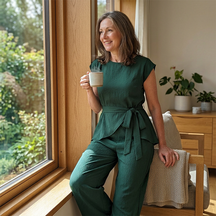 Set donna con pantaloni a gamba larga, moda primavera estate, per un'eleganza disinvolta.