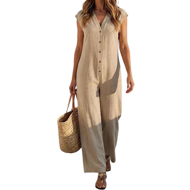 Tuta donna elegante e confortevole, con bottoni e gamba larga, ideale per gli outfit estivi chic.