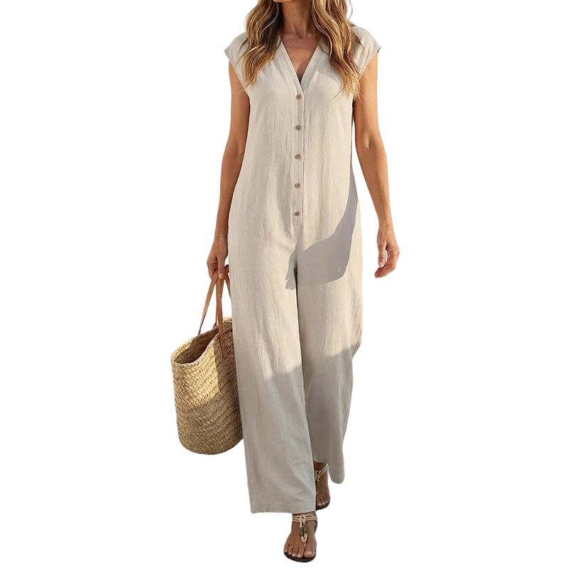 Tuta estiva donna con bottoni decorativi e design a gamba larga, abbigliamento versatile e alla moda.