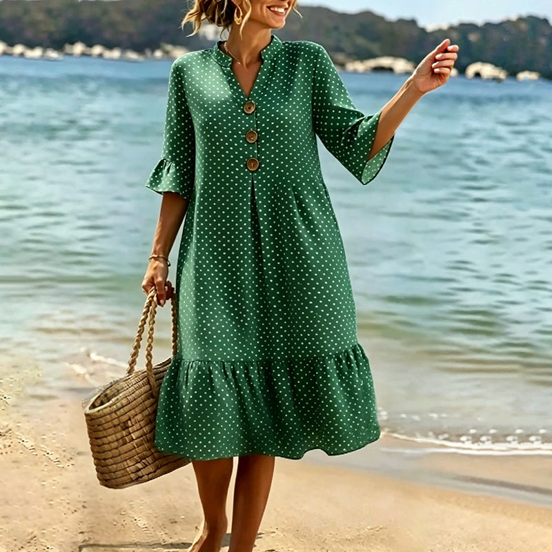 Abito midi fluido in cotone per donna, stampa a pois e dettagli volant, comfort estivo.