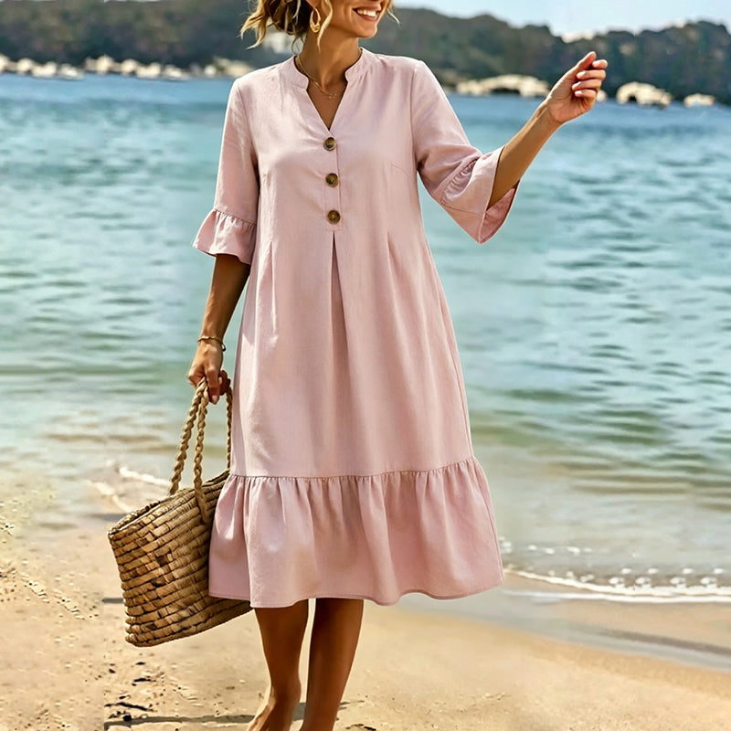 Vestito midi casual donna a pois con volant, perfetto per primavera ed estate.