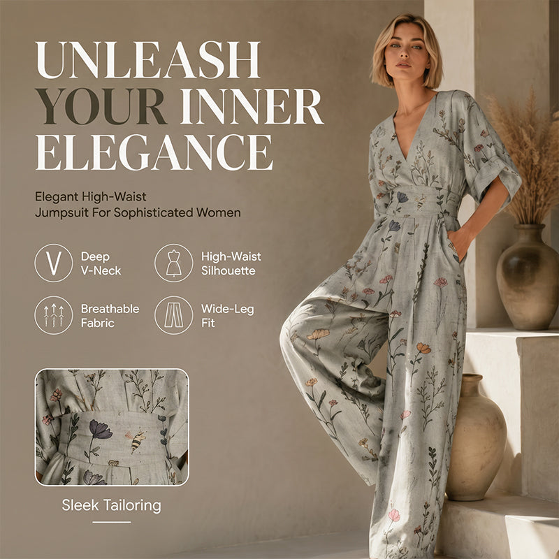 Tuta estiva elegante donna con fantasia floreale, ideale per serate e vacanze. Scollo a V e gamba ampia.