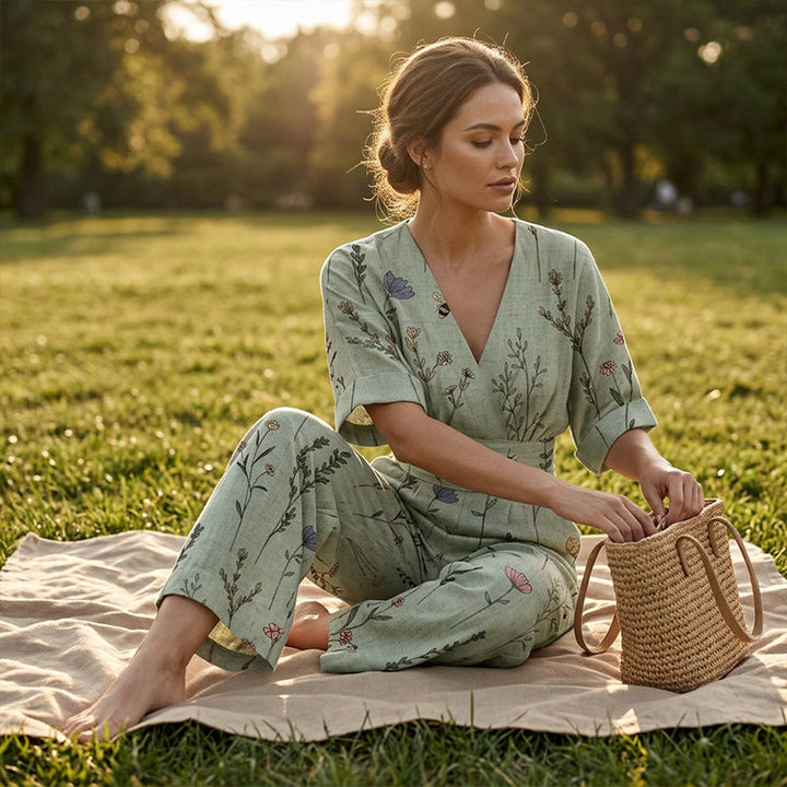 Tuta donna casual chic a fantasia floreale con scollo a V, comoda e versatile per moda femminile estiva.